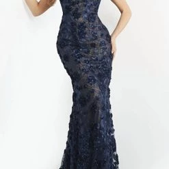 Budget 🎁 Jovani 06863 Floral Illusion Neck Gown in Navy/Nude - 👩 women 😍