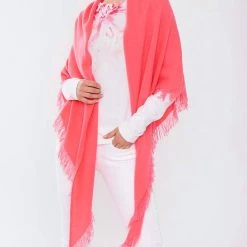 Deals 👍 Kinross Cashmere Fringe Triangle Wrap in Flamingo - 👩 women 😍