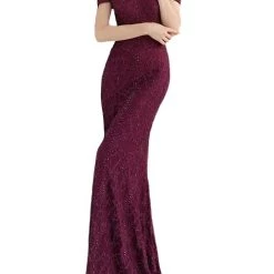 Hot Sale 🔥 Jovani Off Shoulder 👗 Dress With Ruffled Bottom in Burgundy - 👩 women 🤩
